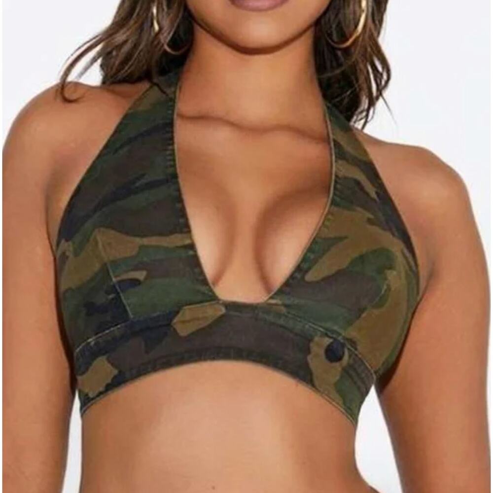 NAKED WARDROBE The Camo Crop Halter Top SIZE L